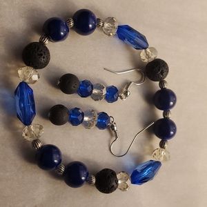 Bracelet and earring set, blue and black crystal b